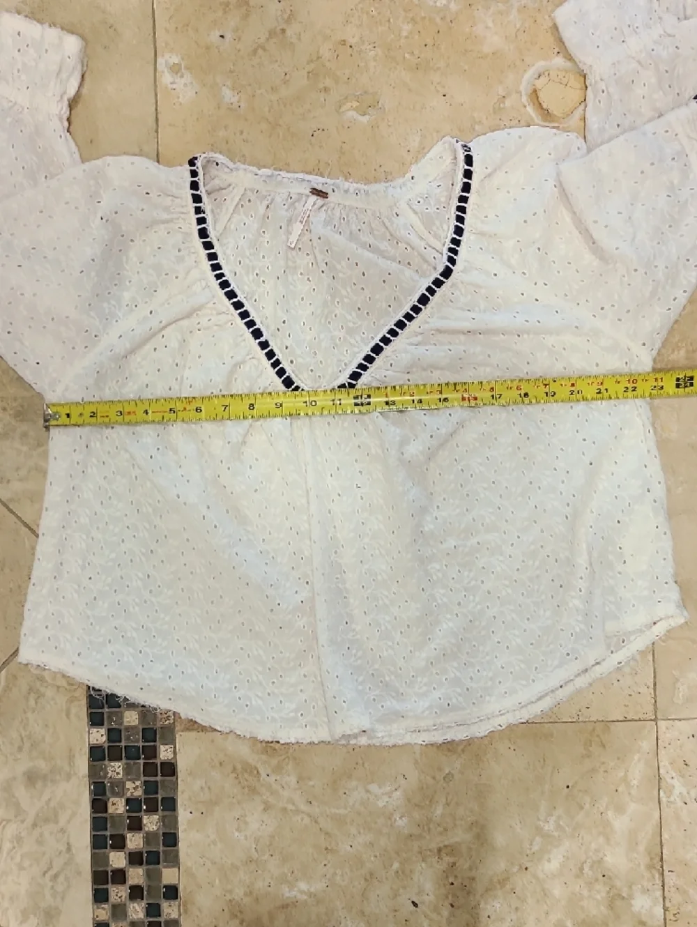 Free People Cream Eyelet Peasant Top with Navy Trim